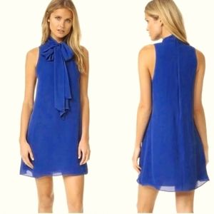 NWT Alice and Olivia Blue Cassidy Tie Neck Flare Dress. Sz Medium